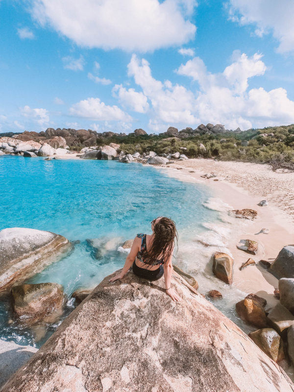 The British Virgin Islands The Baths Virgin Gorda. Girl overlooking ocean. BVI